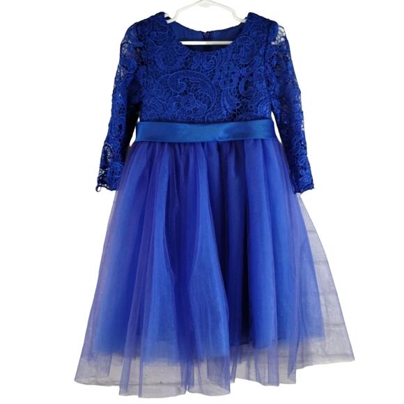 Girls Royal Blue Floral Lace Long Sleeve Tulle Party Ball Gown Formal Dress 4 5 - Picture 1 of 13